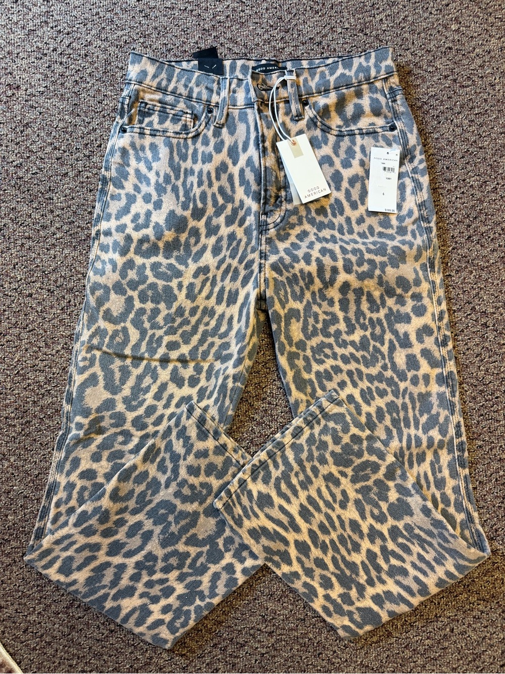 Good American Leopard Print Wide Leg Jeans in Tan and Black
